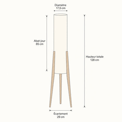 Dimension diagram of the Teira floor lamp, total height 128 cm and shade 17.5 x 85 cm | Wickleigh