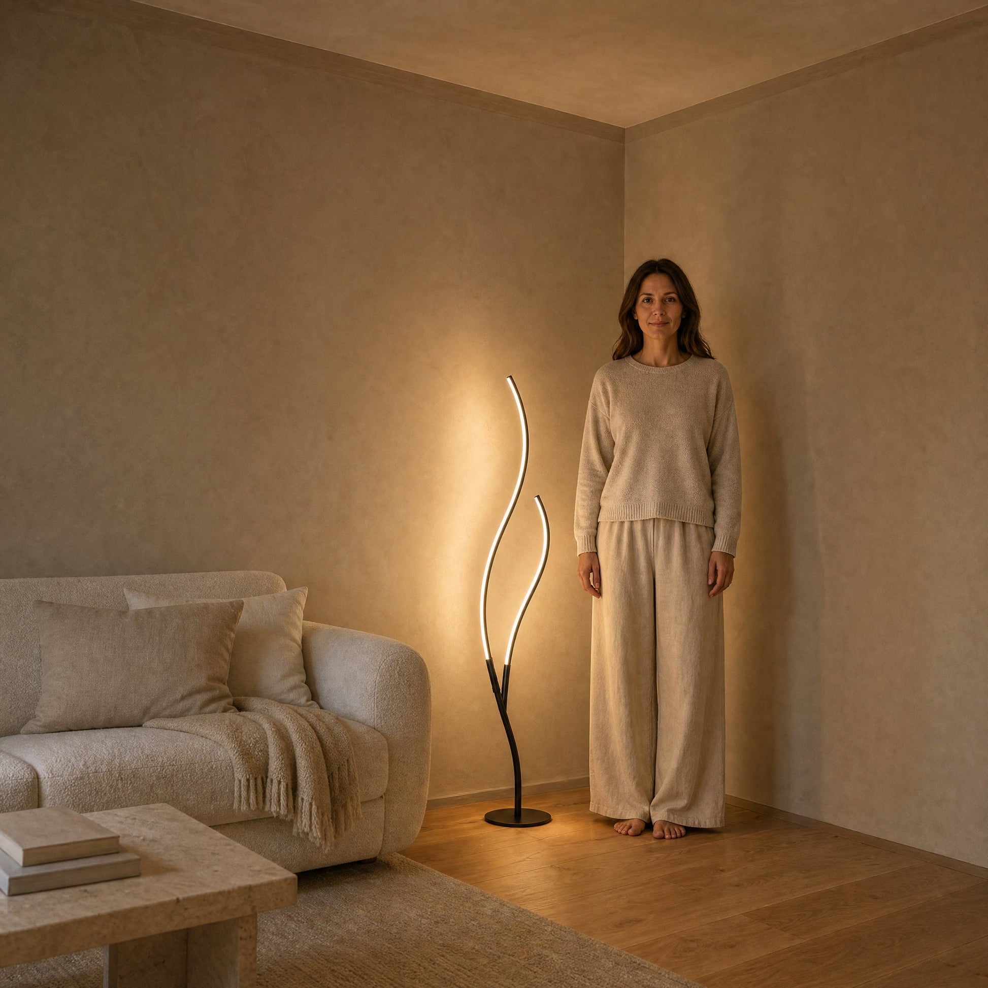 Eyrra LED floor lamp lit in the corner of a contemporary sitting room at dusk | Wickleigh