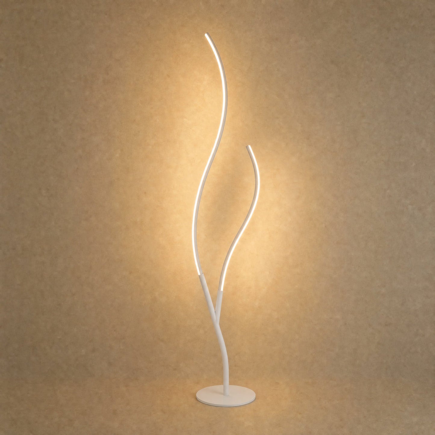 Eyrra LED floor lamp in matt white finish, two curving branches, 145 cm | Wickleigh