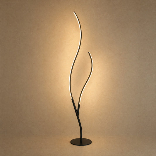 Eyrra LED floor lamp, two curving branches in matt black aluminium, 145 cm | Wickleigh