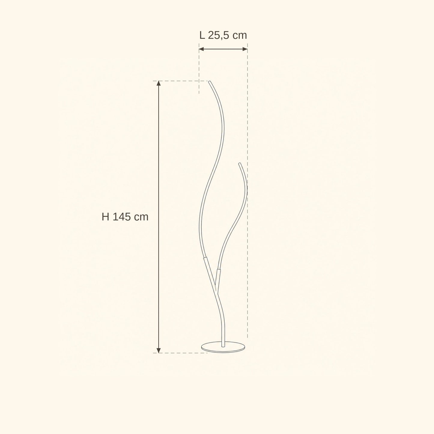 Dimension diagram of the Eyrra LED floor lamp, height 145 cm and width 25.5 cm | Wickleigh