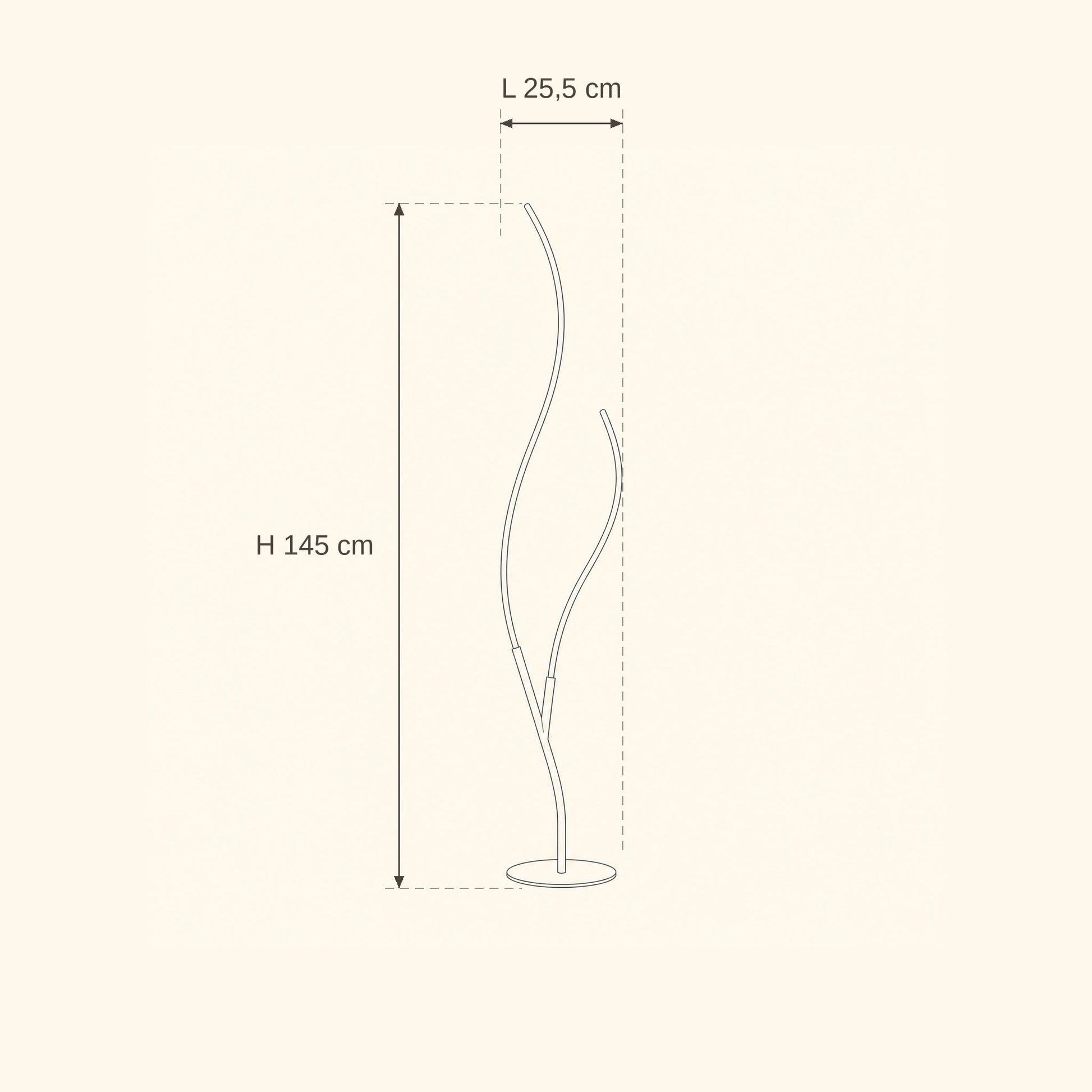 Dimension diagram of the Eyrra LED floor lamp, height 145 cm and width 25.5 cm | Wickleigh