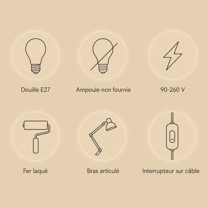 Melen floor reading lamp specifications, E27 fitting, 90-260 V, lacquered iron, articulated arm | Wickleigh