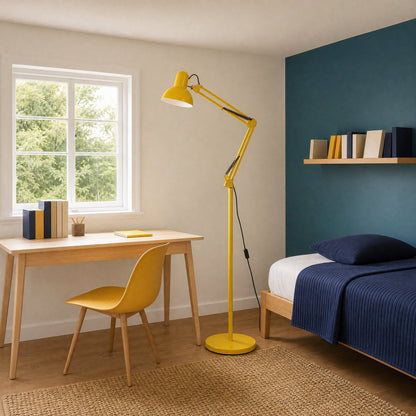 Melen yellow floor reading lamp beside a desk in a teenager's bedroom | Wickleigh