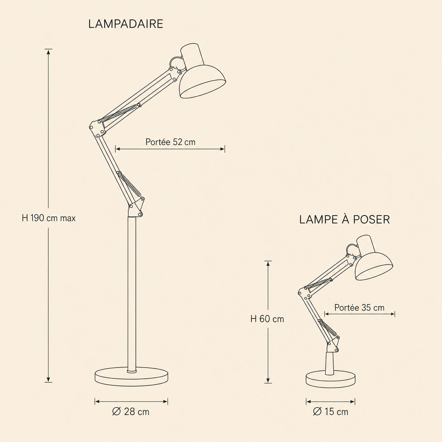 Dimension diagram of the 190 cm floor lamp and the 60 cm table lamp | Wickleigh