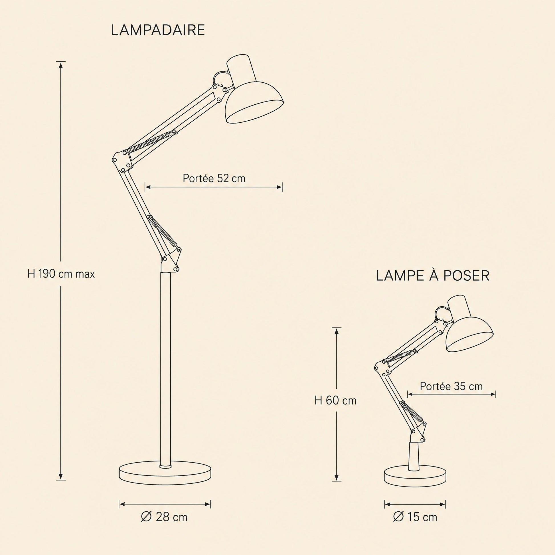Dimension diagram of the 190 cm floor lamp and the 60 cm table lamp | Wickleigh