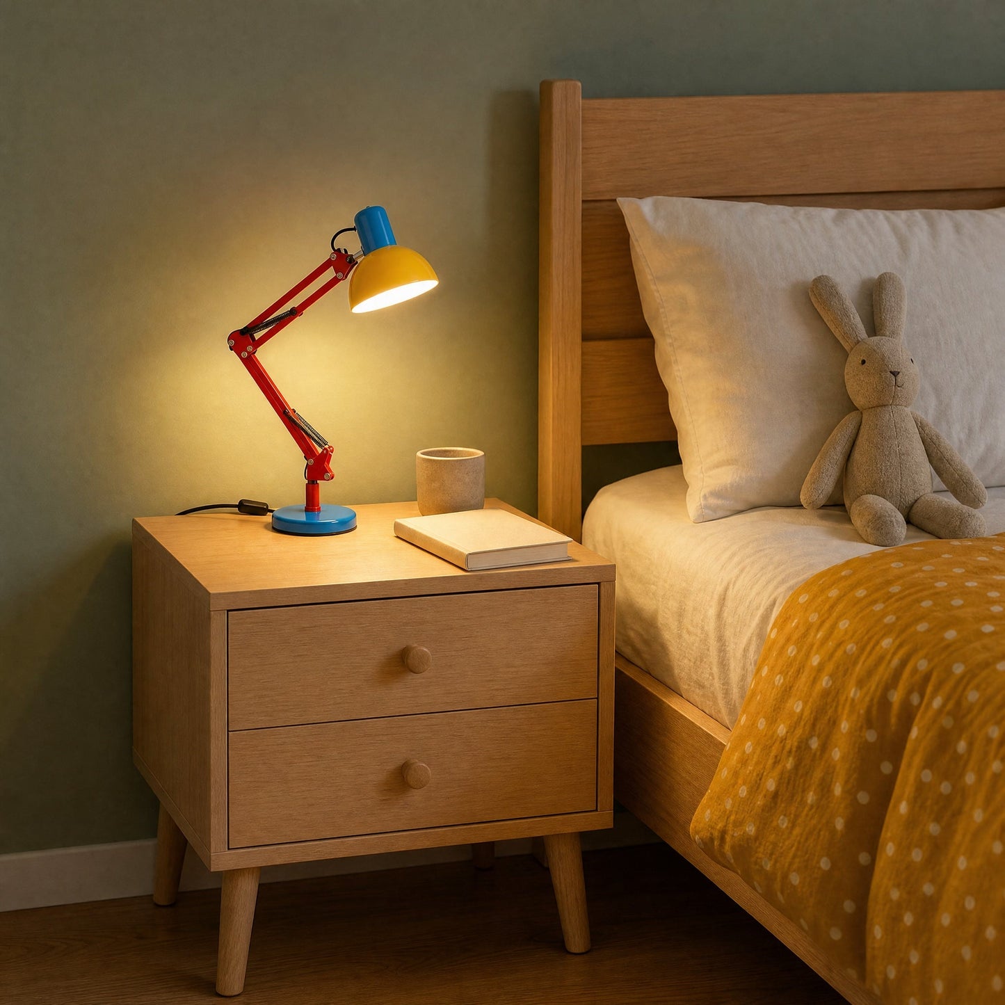 Melen tricolour table lamp version lit on a beech bedside table | Wickleigh