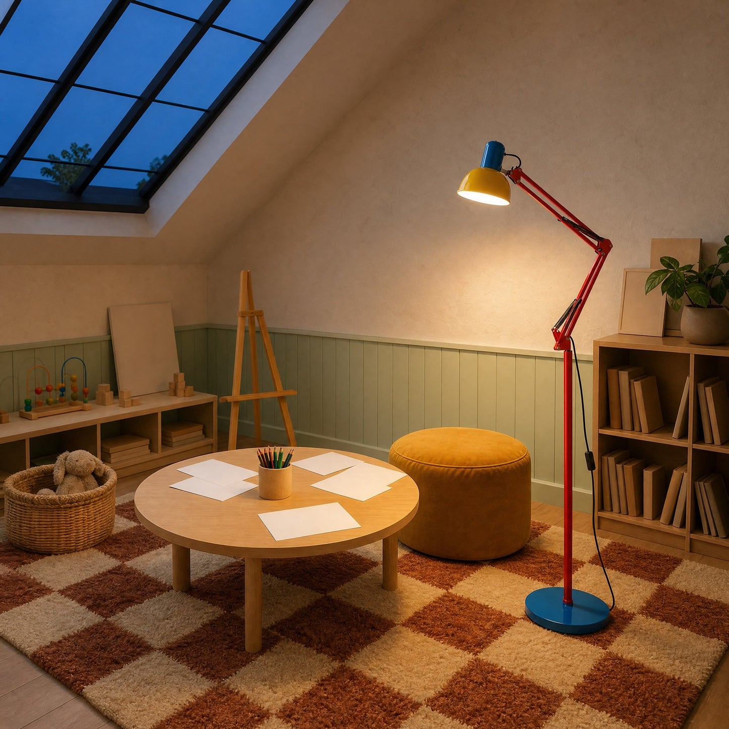Melen tricolour floor reading lamp lit in a workshop-style playroom under a roof skylight | Wickleigh