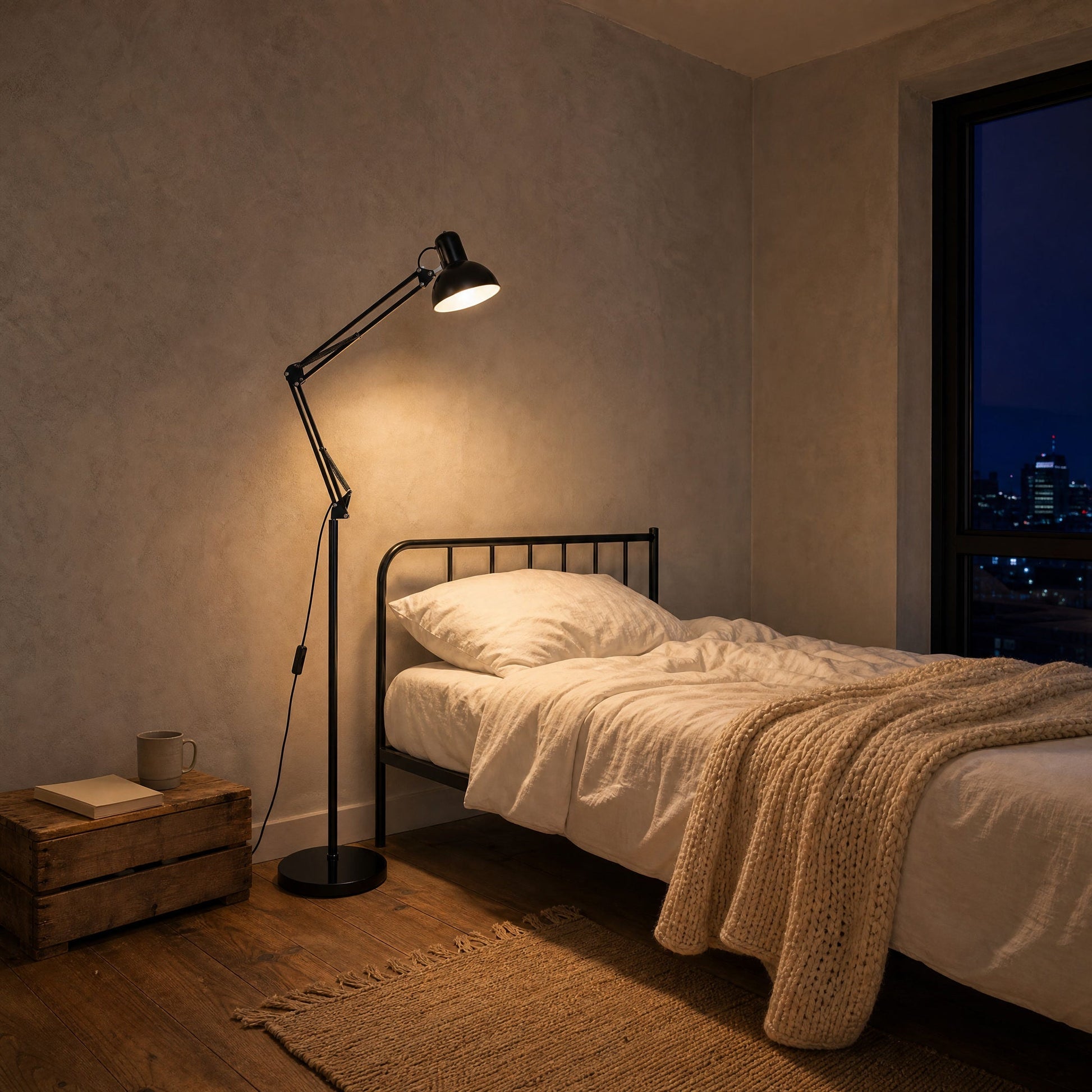 Melen black floor reading lamp lit above a bed in a small studio flat at night | Wickleigh