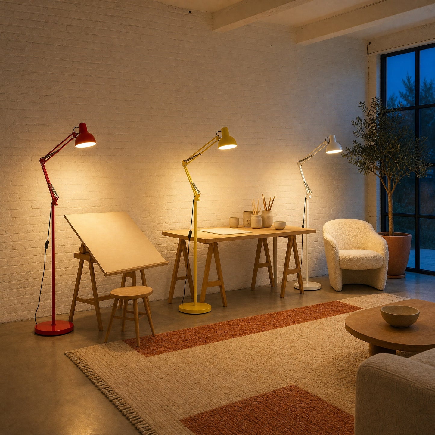 Three Melen floor reading lamps in red, yellow and white lit in a workshop-style living room | Wickleigh