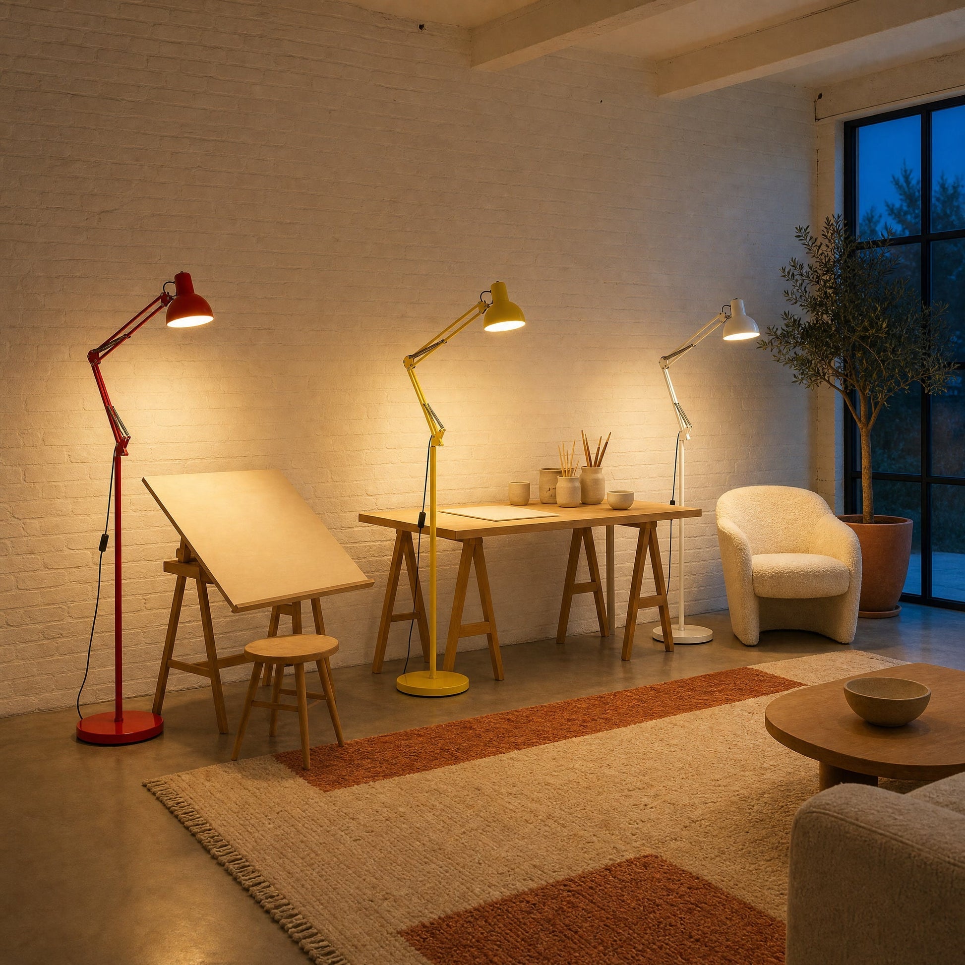 Three Melen floor reading lamps in red, yellow and white lit in a workshop-style living room | Wickleigh