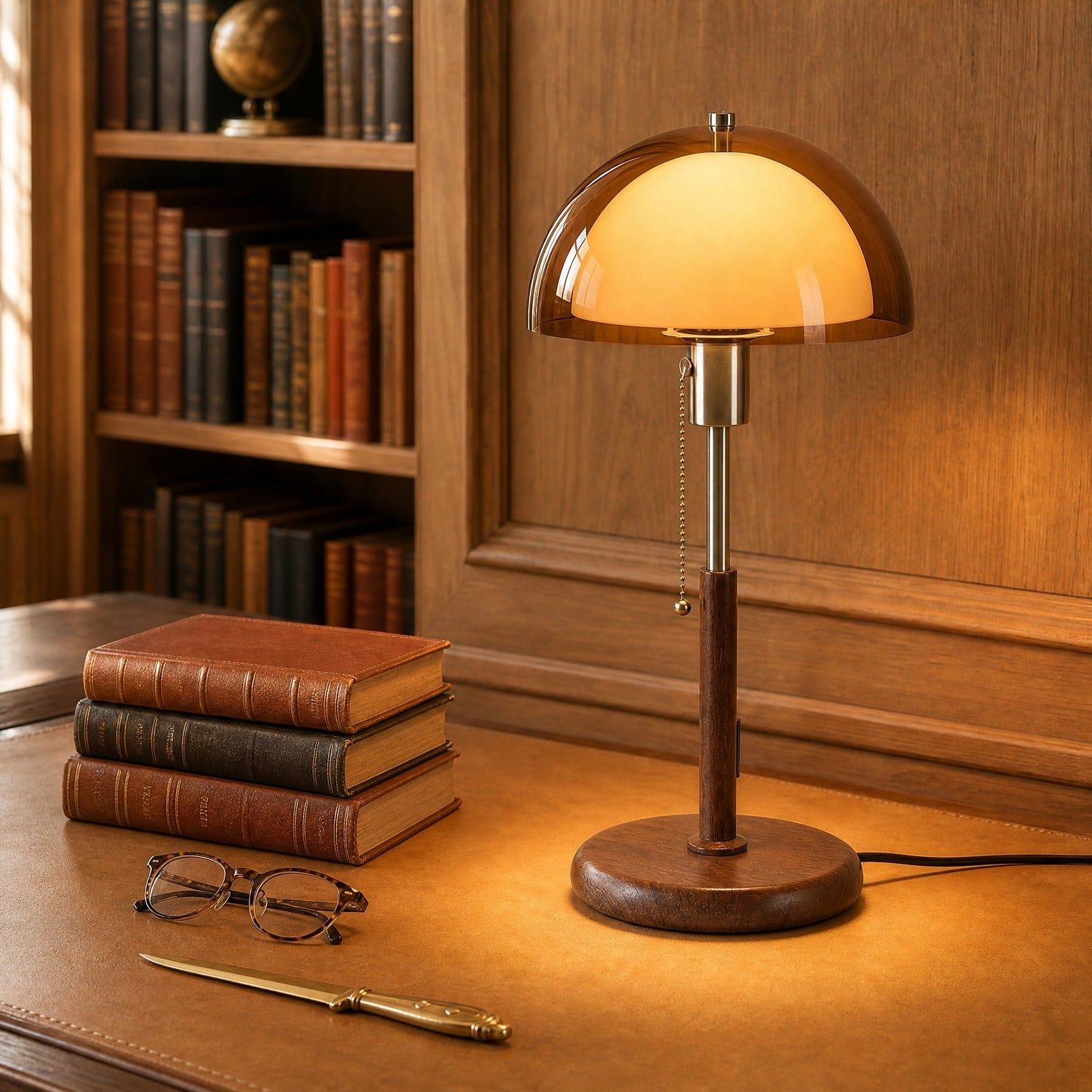 Close-up of the Sorlin amber dome table lamp lit on a tan leather desktop | Wickleigh