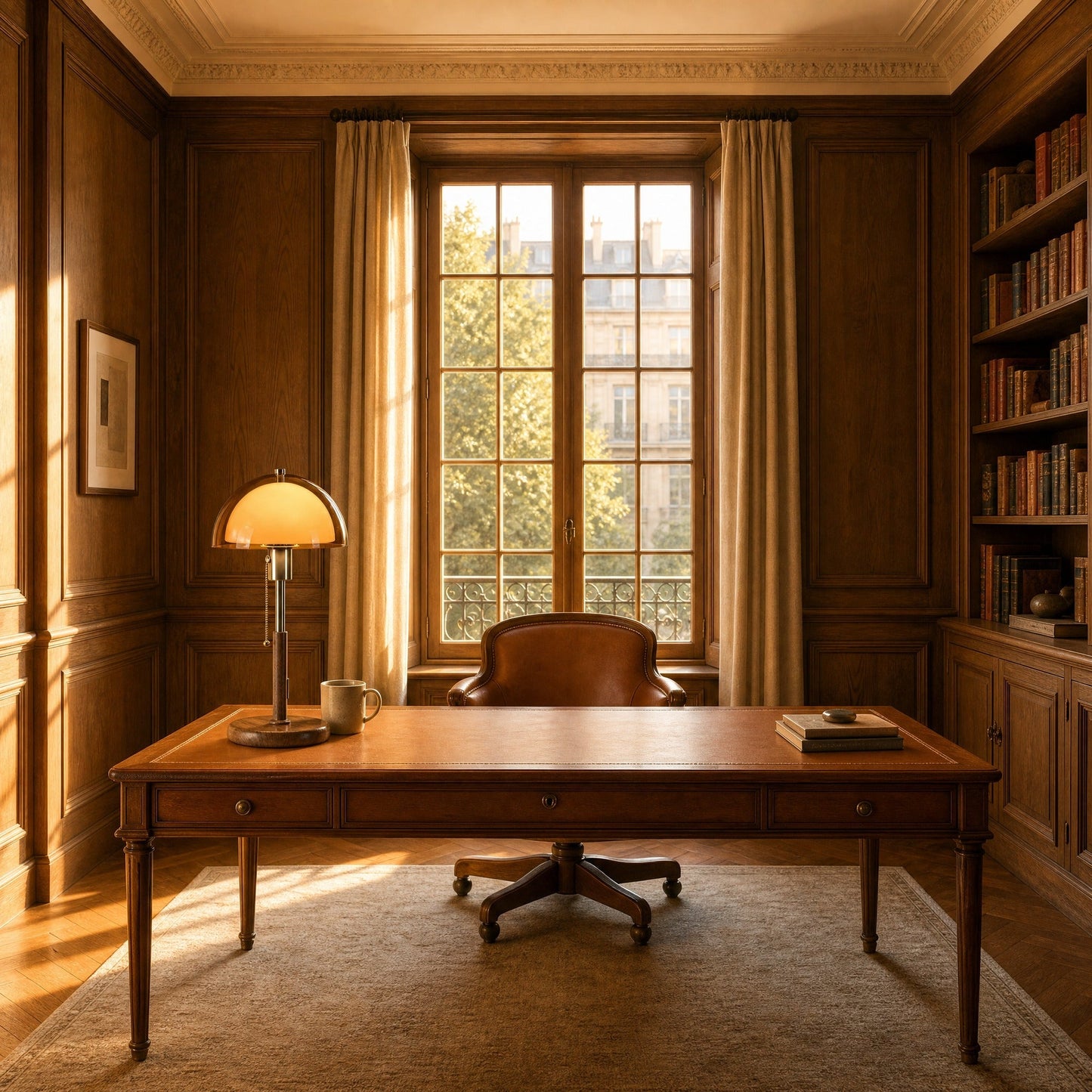 Sorlin amber dome table lamp lit on a desk in an oak-panelled study | Wickleigh