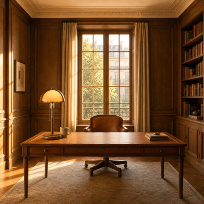 Sorlin amber dome table lamp lit on a desk in an oak-panelled study | Wickleigh