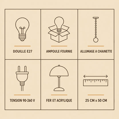 Specification chart of the Sorlin table lamp, E27 fitting, bulb included, pull chain | Wickleigh