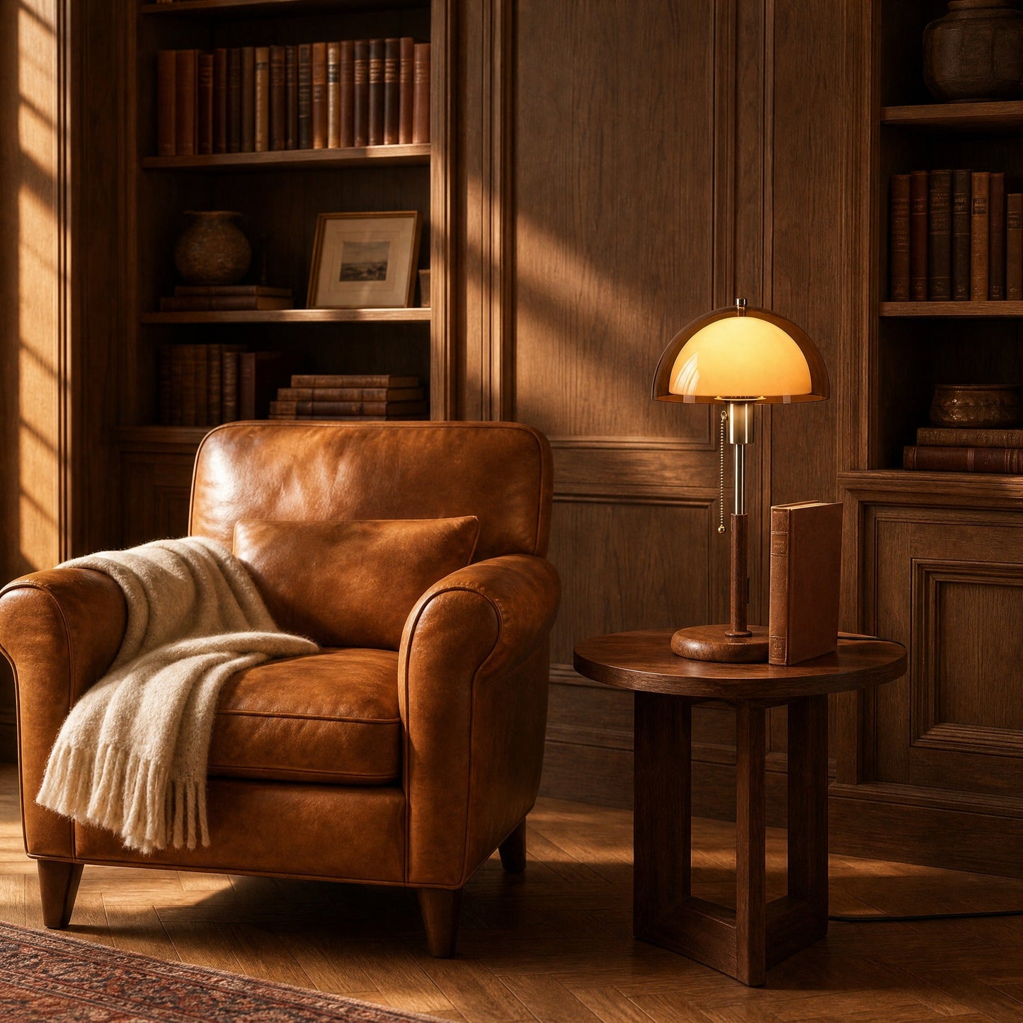 Sorlin amber dome table lamp lit on a walnut side table, reading corner with leather armchair | Wickleigh