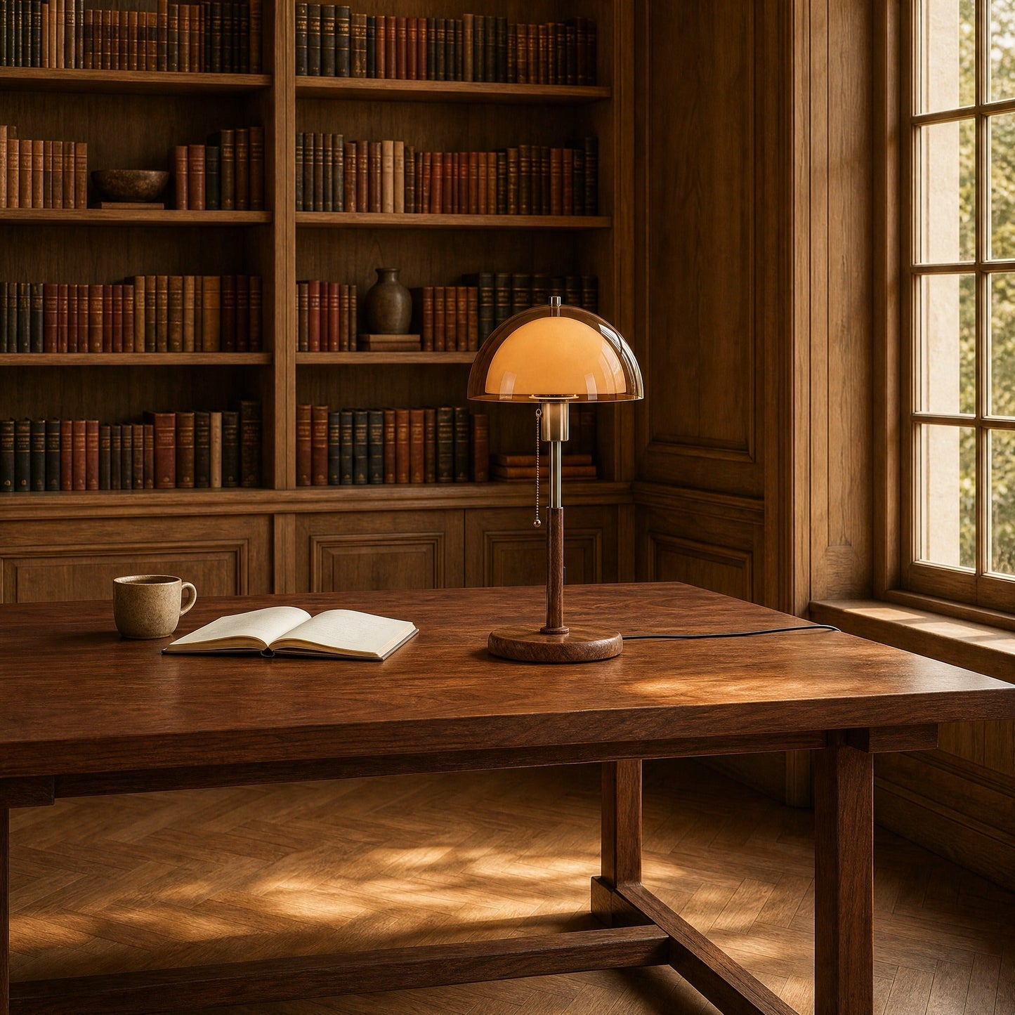Sorlin amber dome table lamp on a library table in daylight | Wickleigh