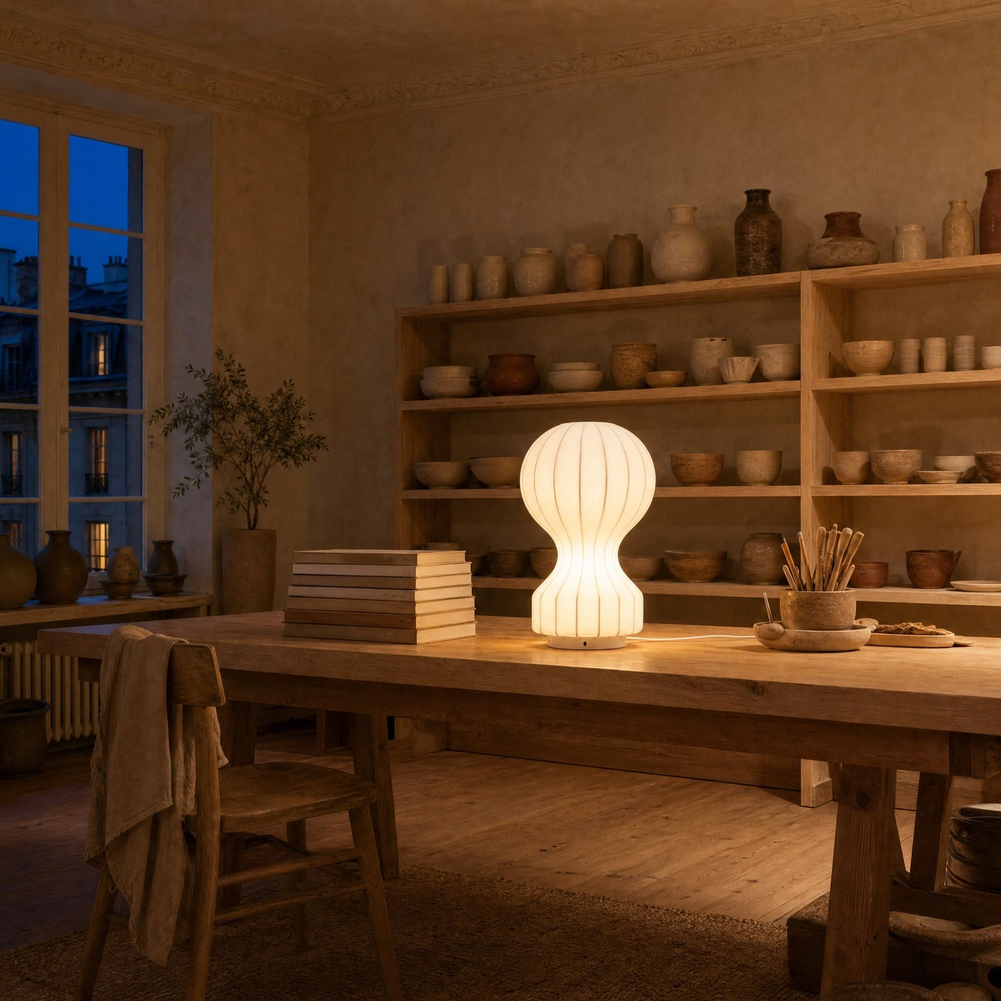 Pyrren cocoon table lamp lit on a ceramicist's workbench at dusk | Wickleigh