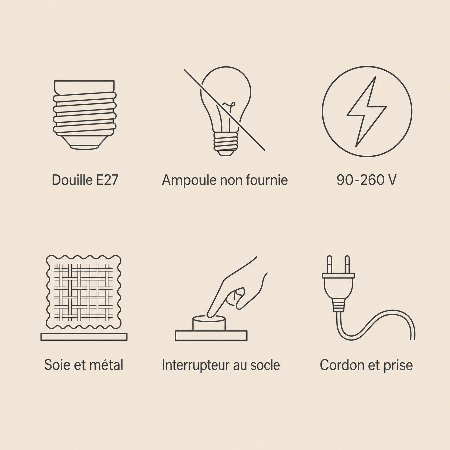 Specification chart of the Pyrren cocoon table lamp, E27 fitting and mains plug | Wickleigh