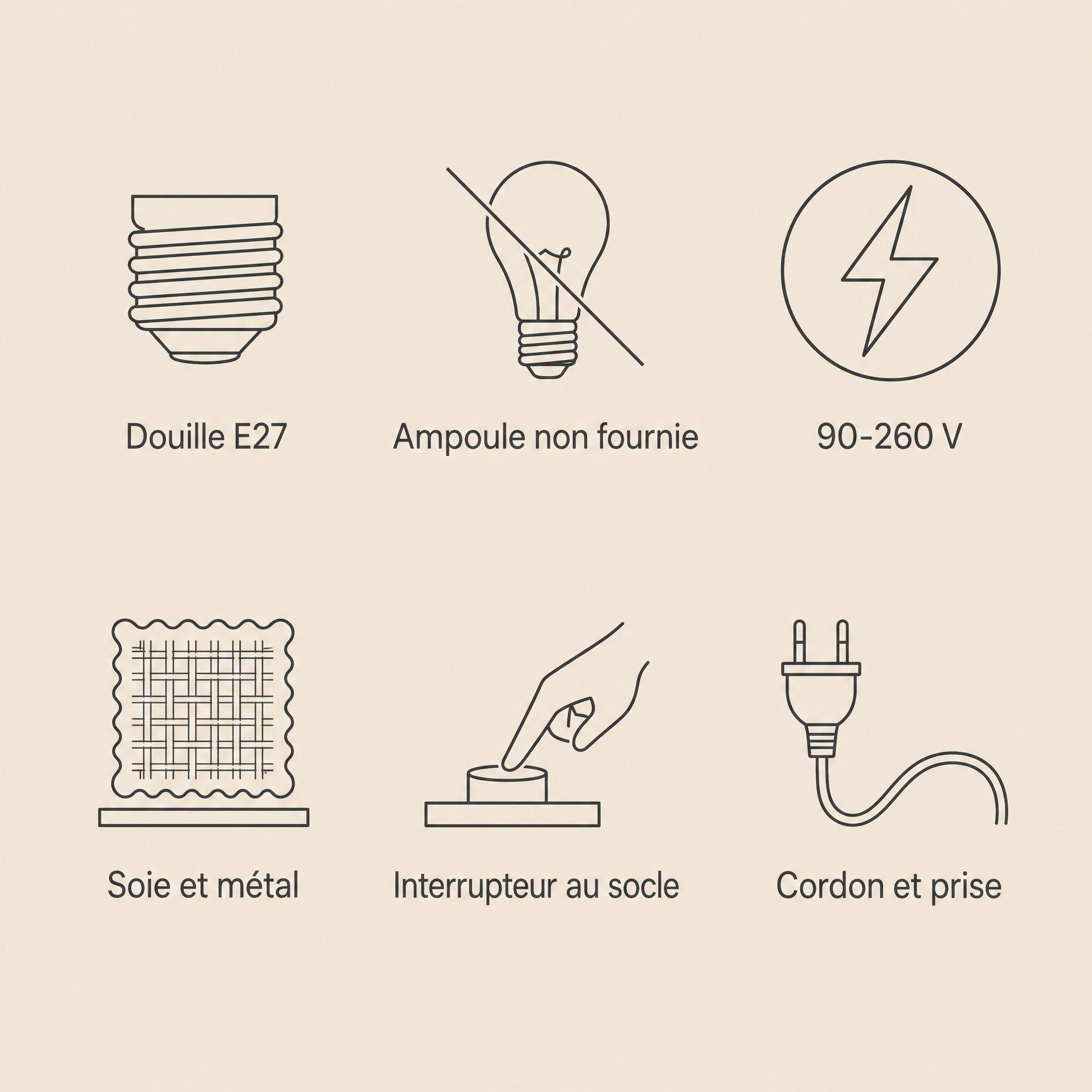 Specification chart of the Pyrren cocoon table lamp, E27 fitting and mains plug | Wickleigh