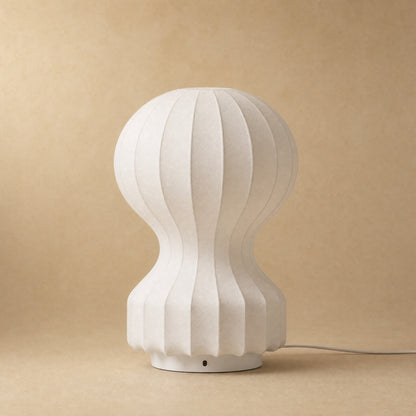Pyrren white ribbed cocoon table lamp in artificial silk, packshot | Wickleigh