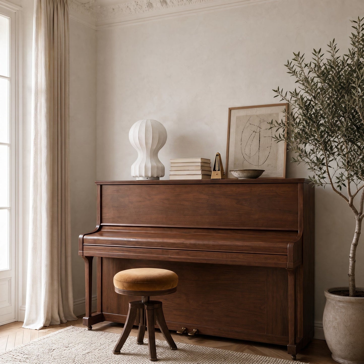 Pyrren cocoon table lamp on a walnut upright piano, in daylight | Wickleigh