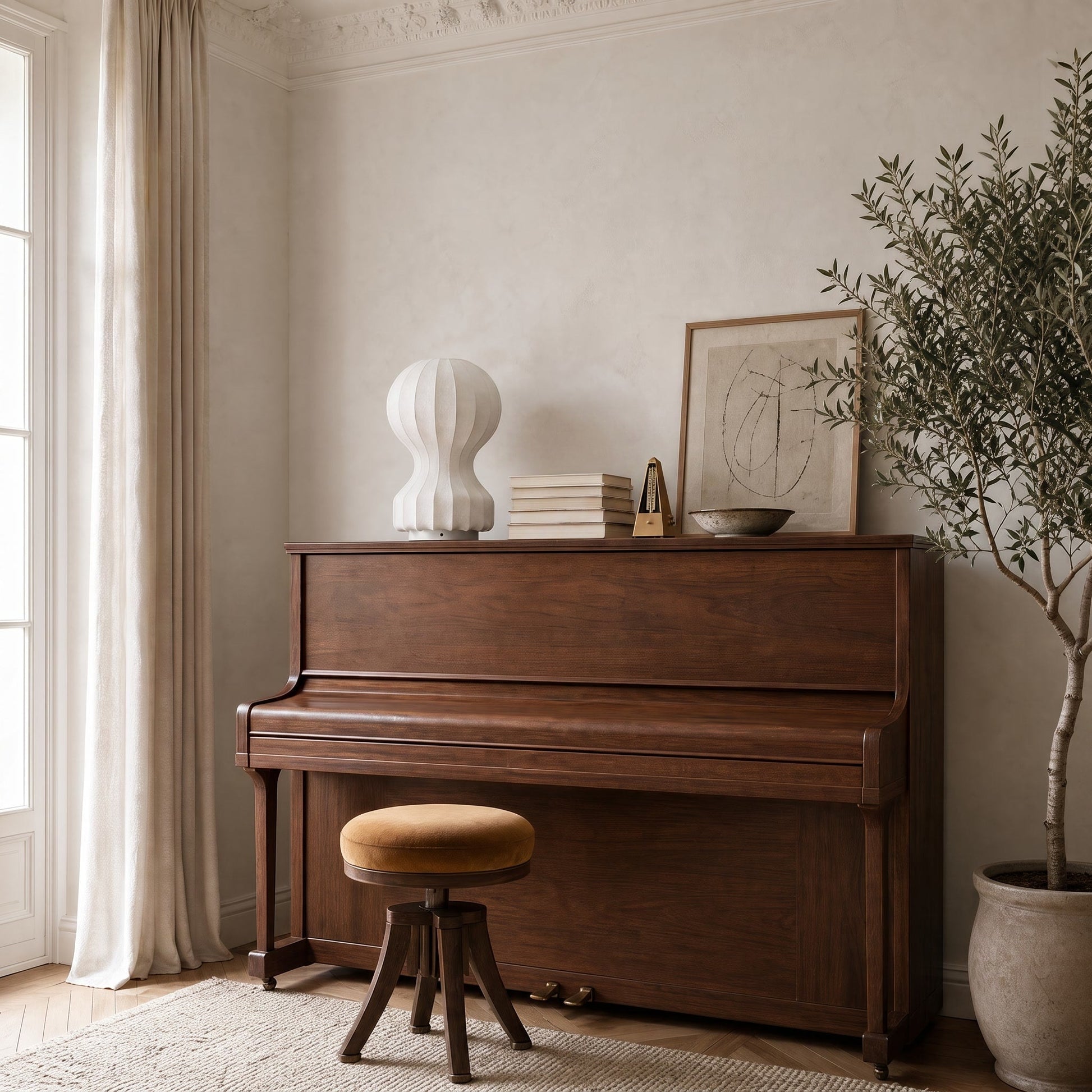 Pyrren cocoon table lamp on a walnut upright piano, in daylight | Wickleigh