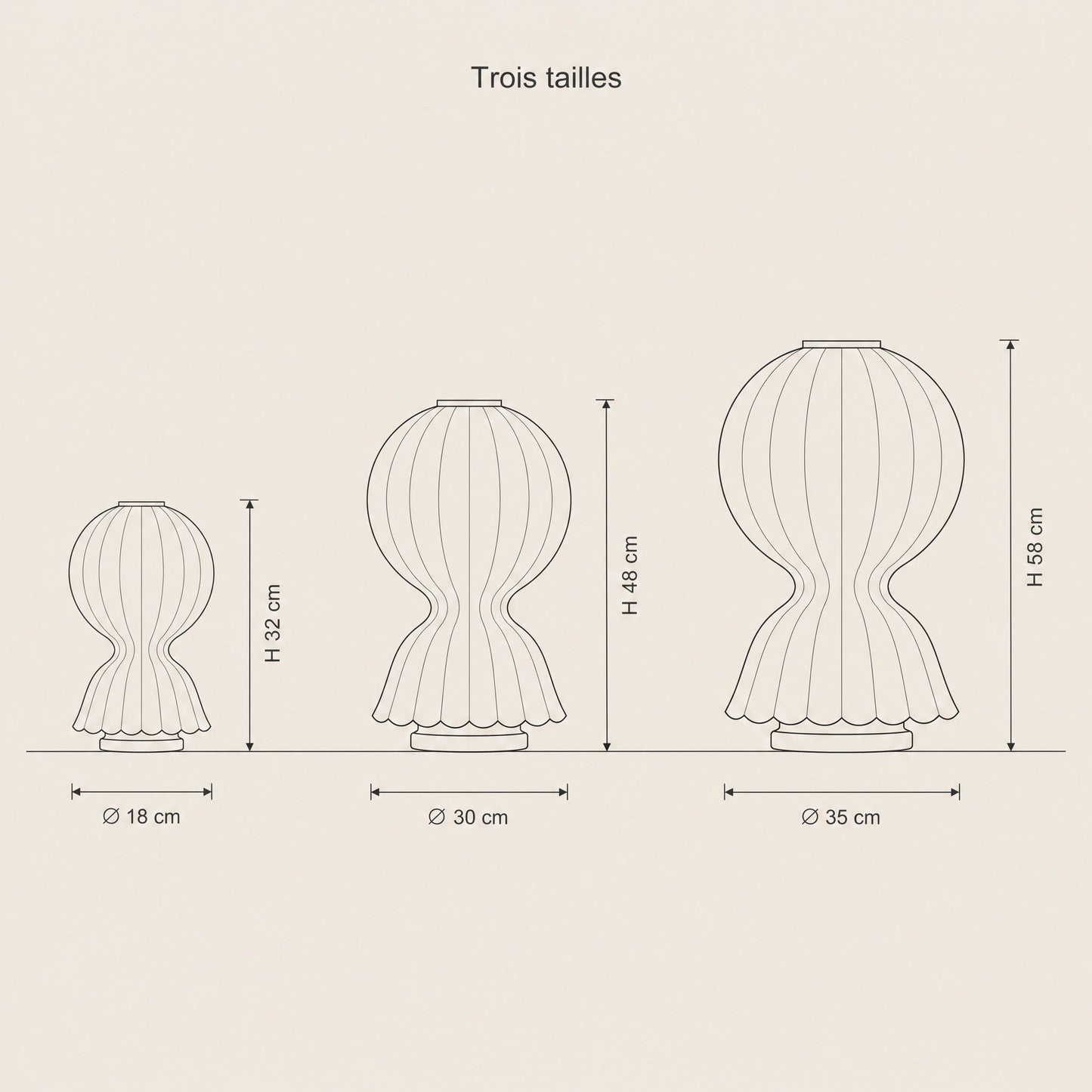 Dimension diagram of the three Pyrren cocoon table lamp sizes | Wickleigh