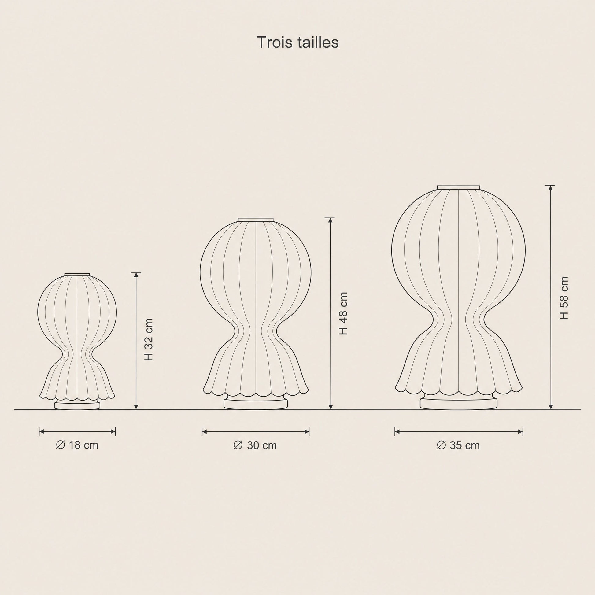 Dimension diagram of the three Pyrren cocoon table lamp sizes | Wickleigh