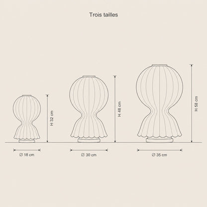 Dimension diagram of the three Pyrren cocoon table lamp sizes | Wickleigh