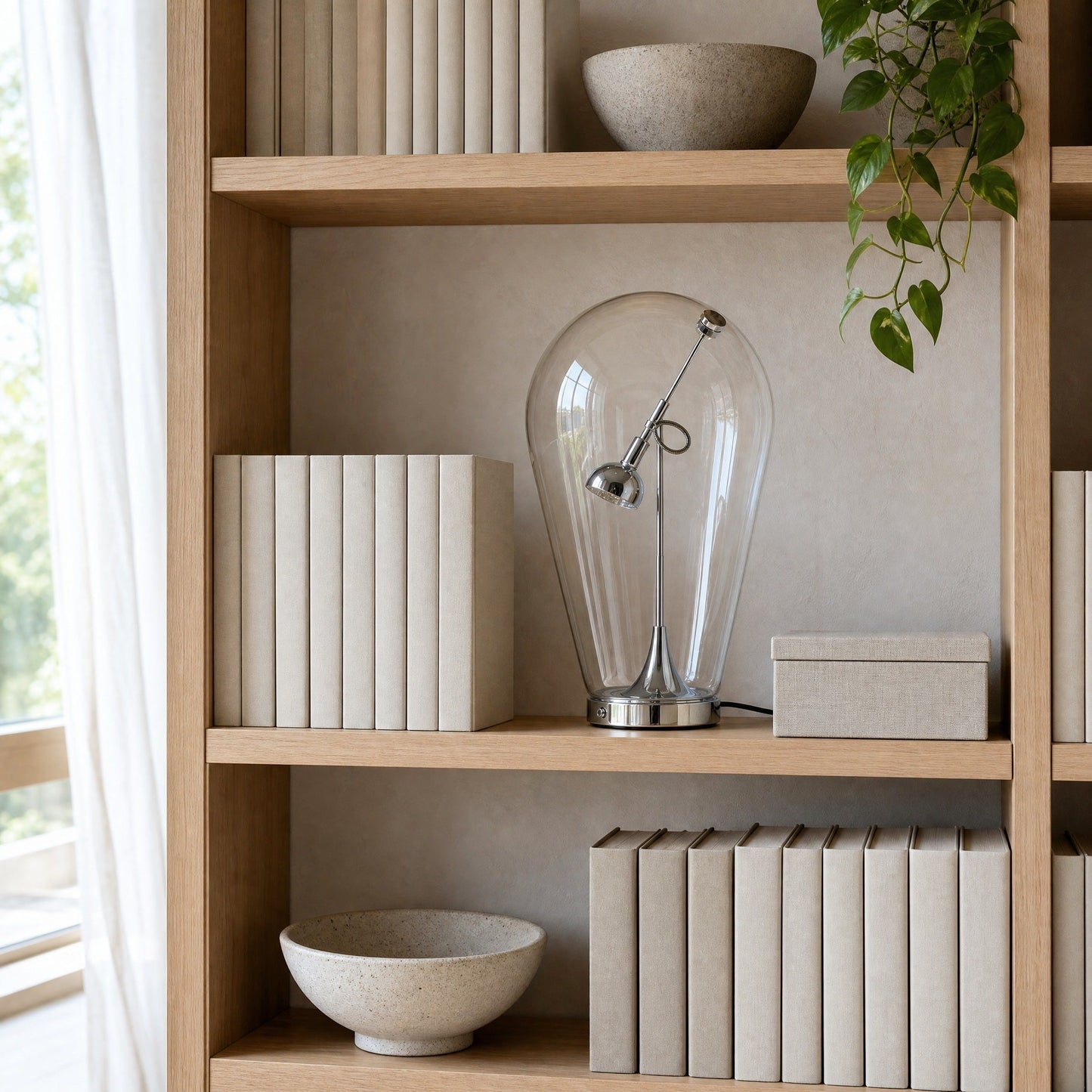Alrin chrome lamp on a Japandi-style bookshelf in daylight | Wickleigh