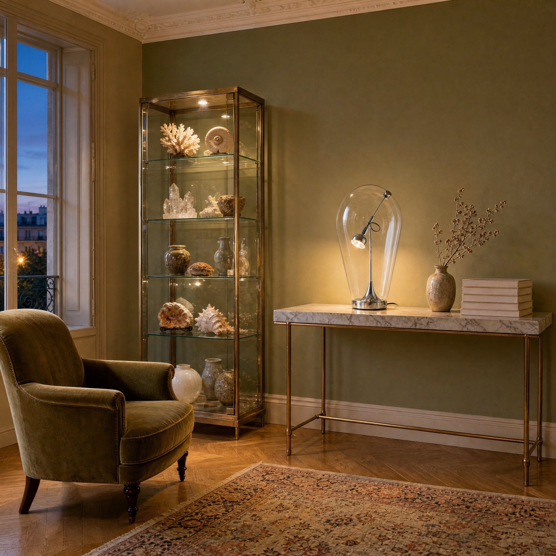 Alrin chrome lamp lit on a marble console in a curiosity-cabinet style sitting room | Wickleigh