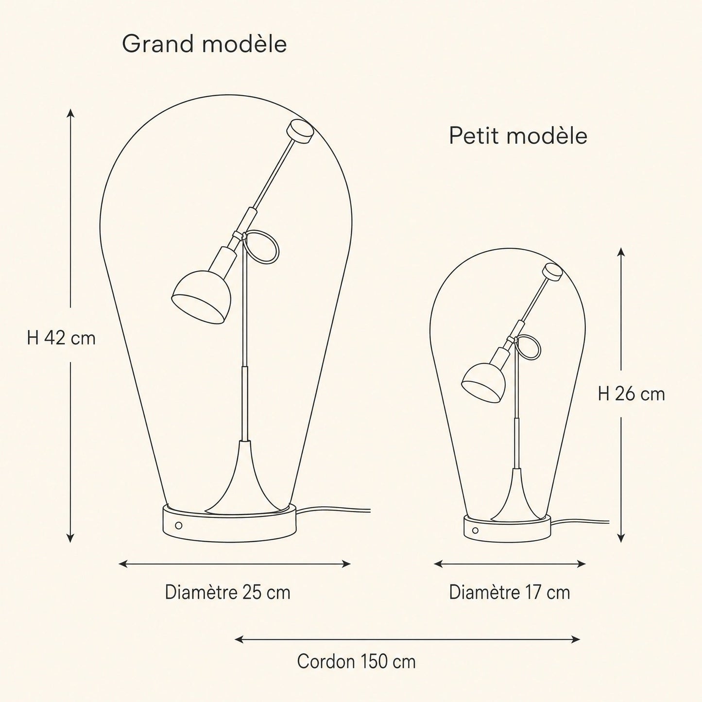 Dimensioned diagram of the Alrin chrome lamp, large and small sizes | Wickleigh