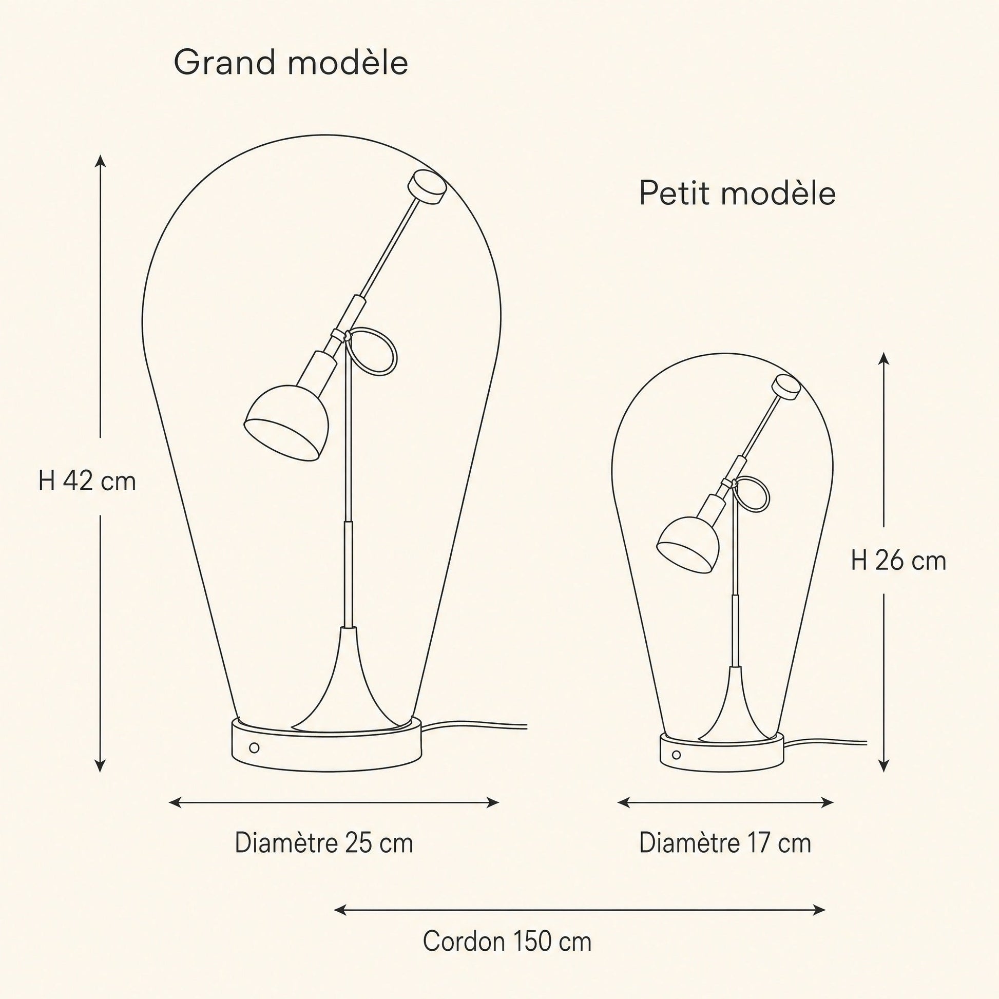 Dimensioned diagram of the Alrin chrome lamp, large and small sizes | Wickleigh