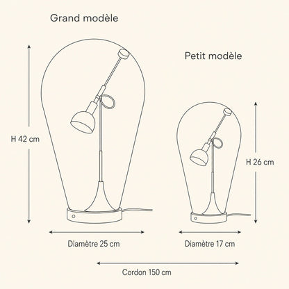 Dimensioned diagram of the Alrin chrome lamp, large and small sizes | Wickleigh