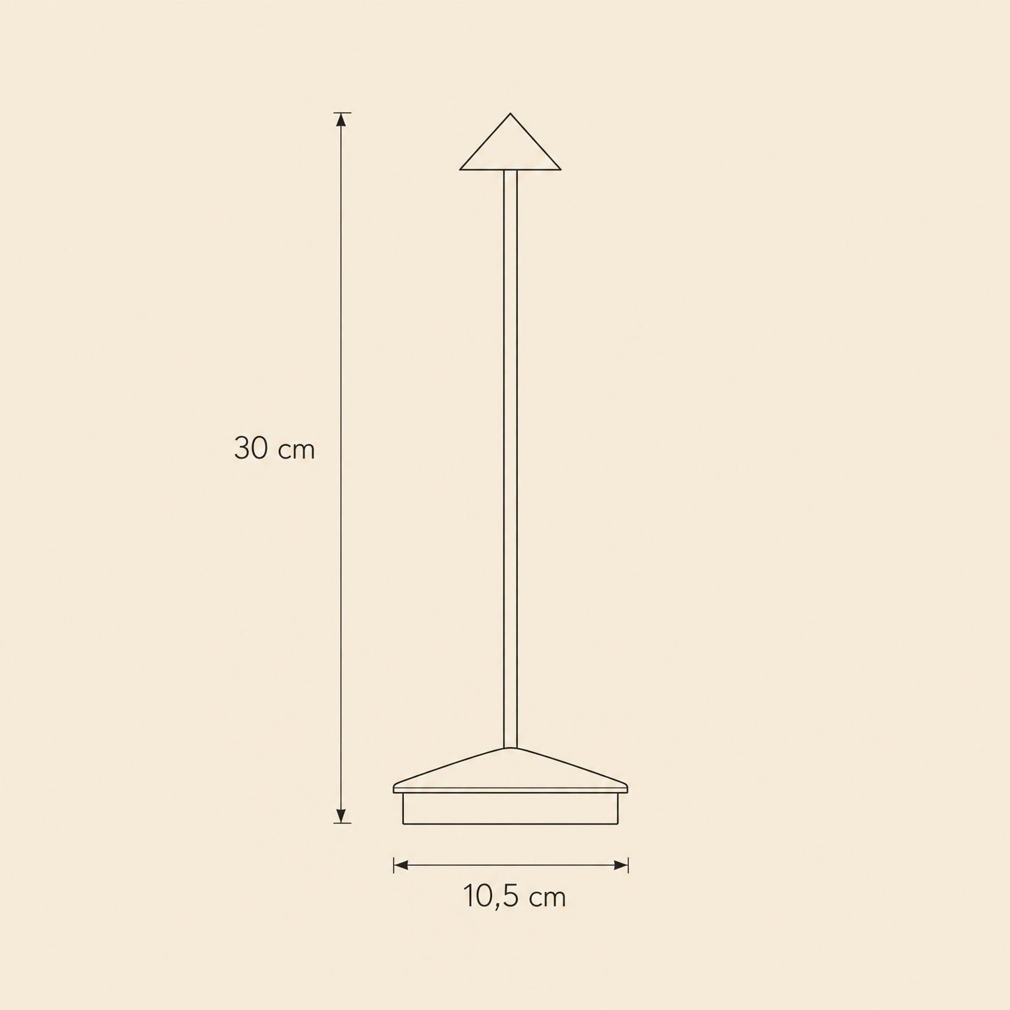 Dimension diagram of the Virren cordless table lamp, 30 cm tall with a 10.5 cm base | Wickleigh