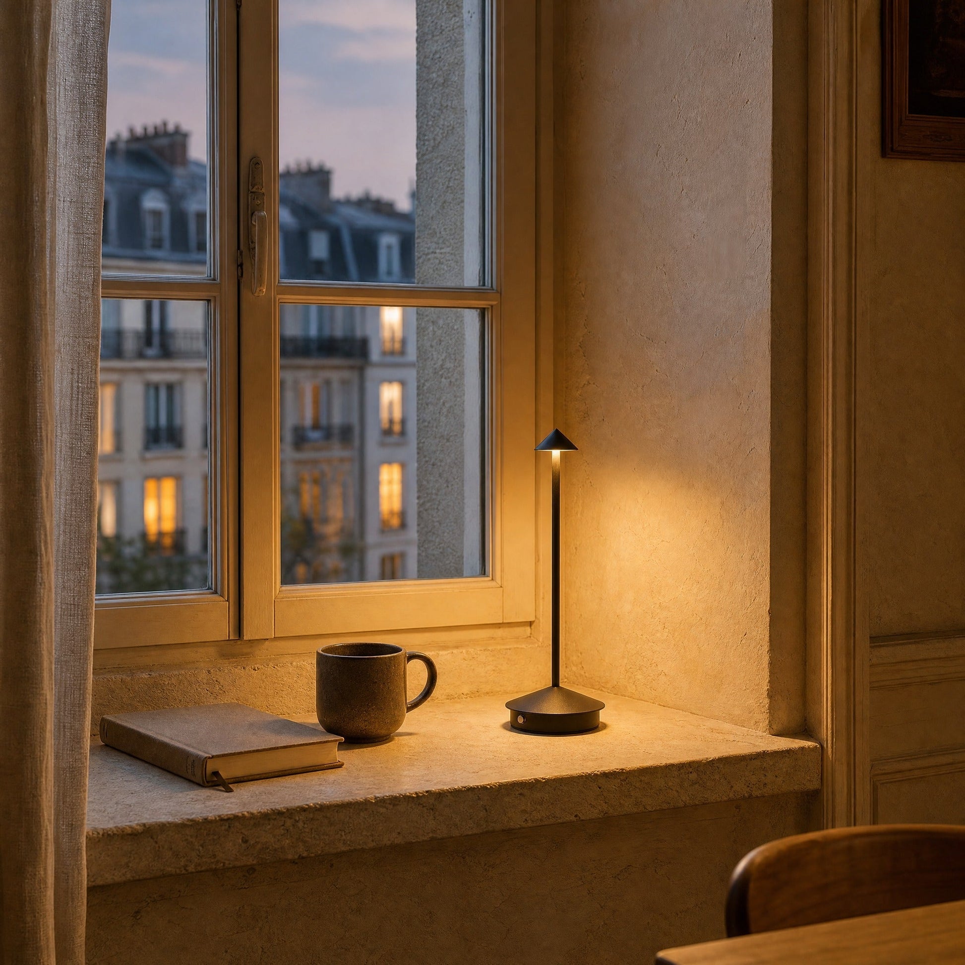 Virren cordless table lamp in black, lit on a windowsill at dusk | Wickleigh