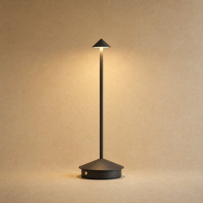 Virren cordless table lamp in matte black aluminium, lit | Wickleigh