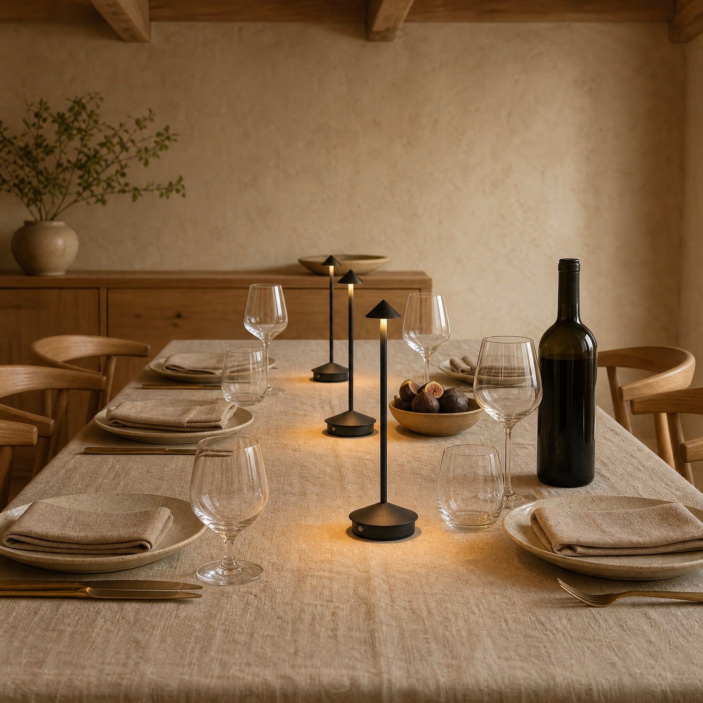Three Virren cordless table lamps in black, lined up on a set dinner table in the evening | Wickleigh