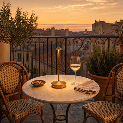 Virren cordless table lamp in gold, lit on an outdoor table at sunset | Wickleigh