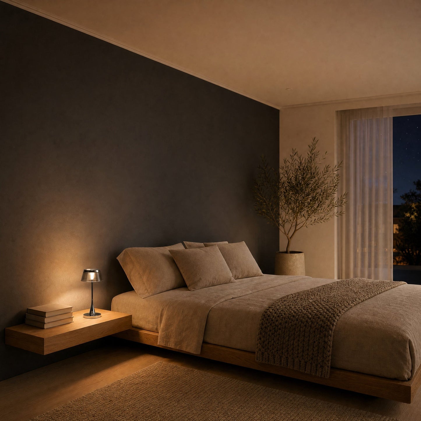 Tylen rechargeable table lamp in smoked grey, night light mode on an oak floating bedside shelf, contemporary bedroom at night | Wickleigh