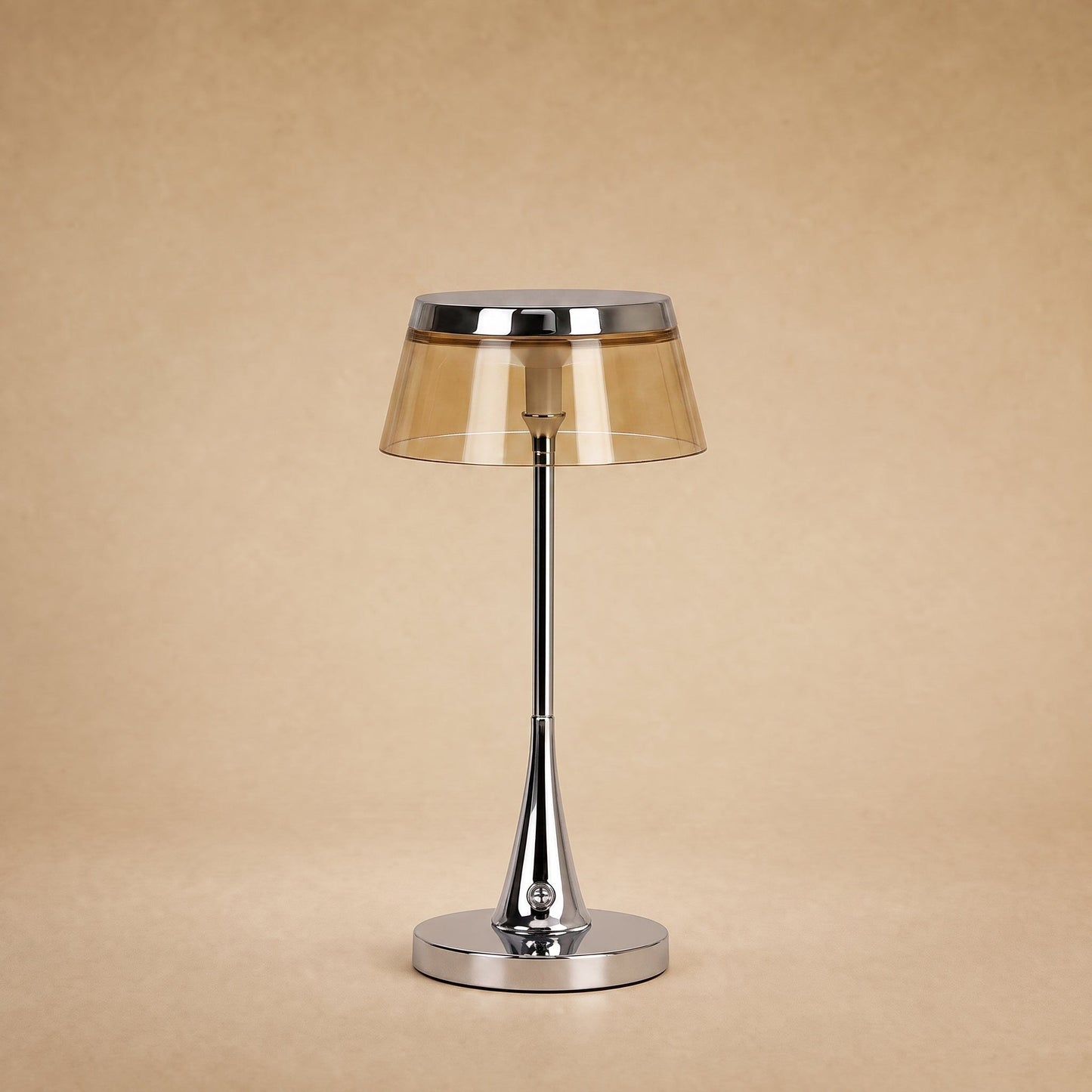 Tylen rechargeable table lamp, amber shade and chrome crown | Wickleigh