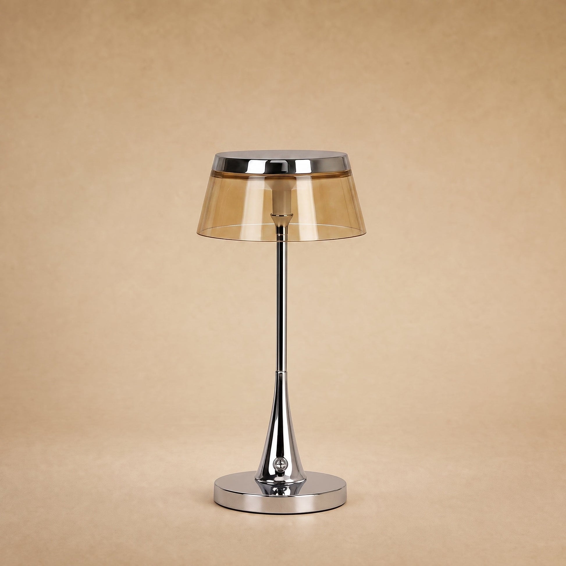 Tylen rechargeable table lamp, amber shade and chrome crown | Wickleigh