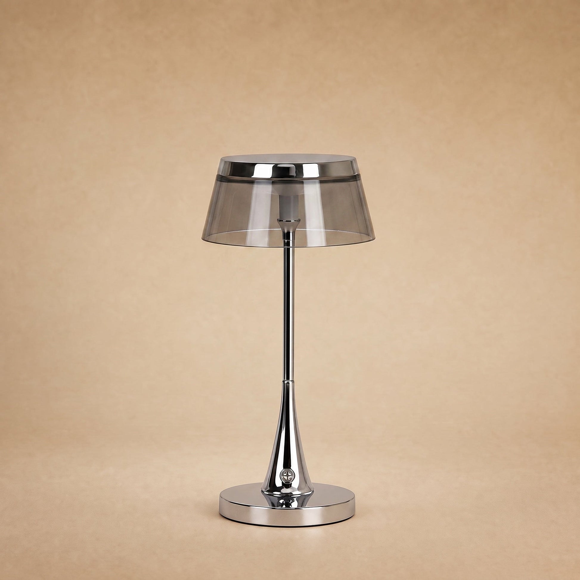 Tylen rechargeable table lamp, smoked grey shade and chrome crown | Wickleigh