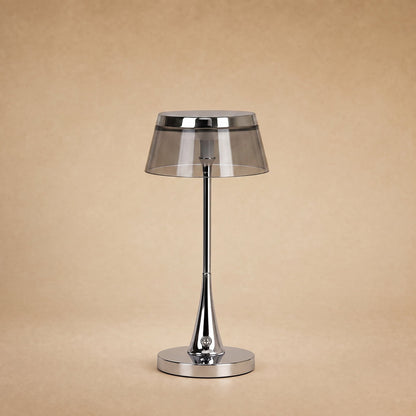 Tylen rechargeable table lamp, smoked grey shade and chrome crown | Wickleigh