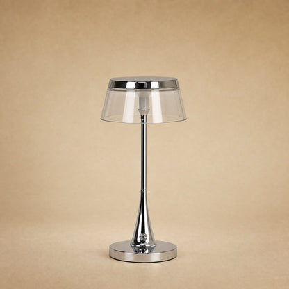 Tylen rechargeable table lamp, clear shade and chrome crown, 27 cm tall | Wickleigh