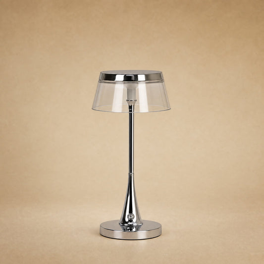 Tylen rechargeable table lamp, clear shade and chrome crown, 27 cm tall | Wickleigh