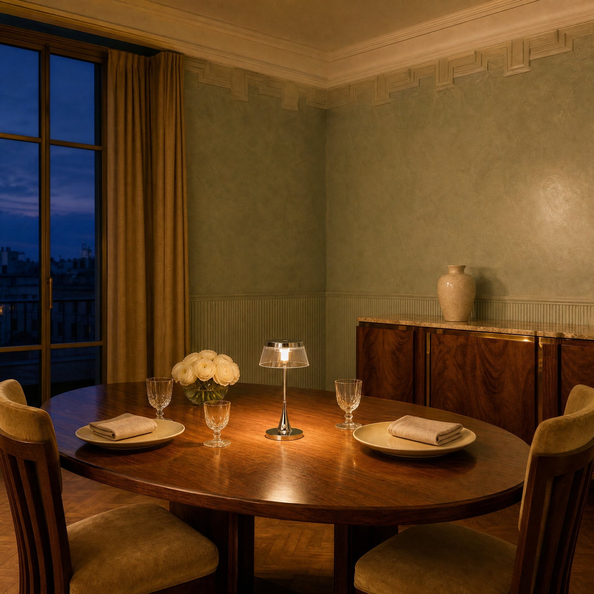 Tylen rechargeable table lamp lit at the centre of an art deco dining table at dusk | Wickleigh