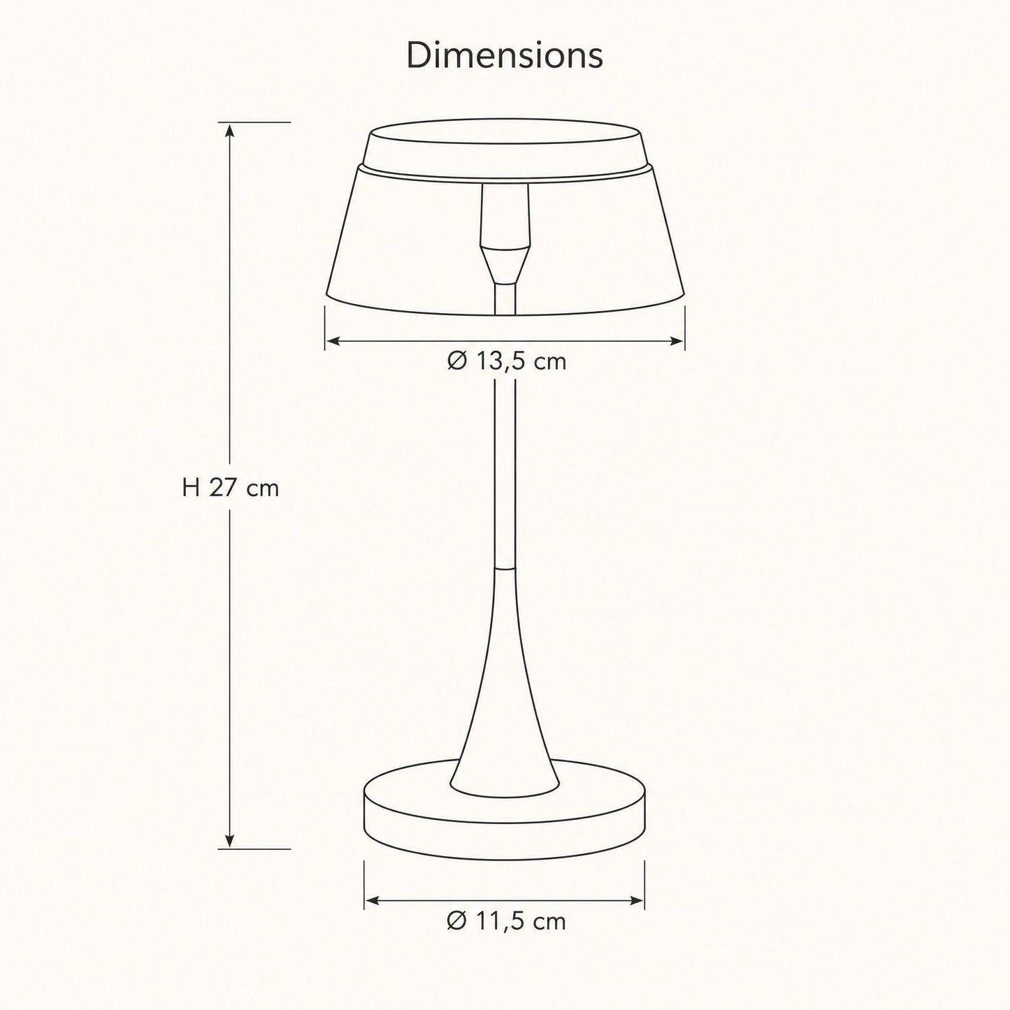 Dimension diagram of the Tylen rechargeable table lamp, 13.5 cm shade, 27 cm height, 11.5 cm base | Wickleigh