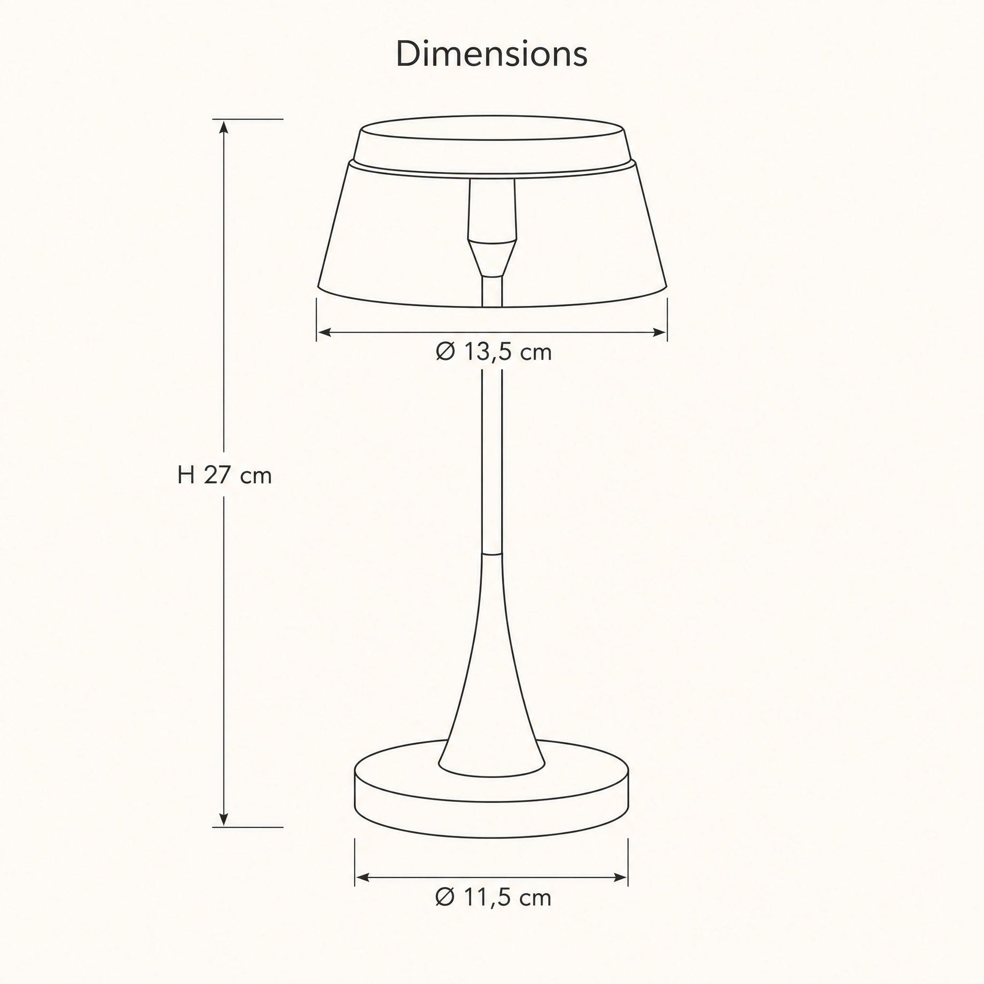 Dimension diagram of the Tylen rechargeable table lamp, 13.5 cm shade, 27 cm height, 11.5 cm base | Wickleigh